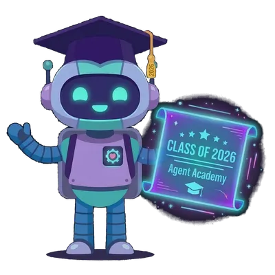 Agent Academy mascot — a friendly robot wearing a graduation cap and holding a Class of 2026 diploma