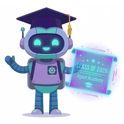 Agent Academy mascot — a friendly robot wearing a graduation cap and holding a Class of 2026 diploma